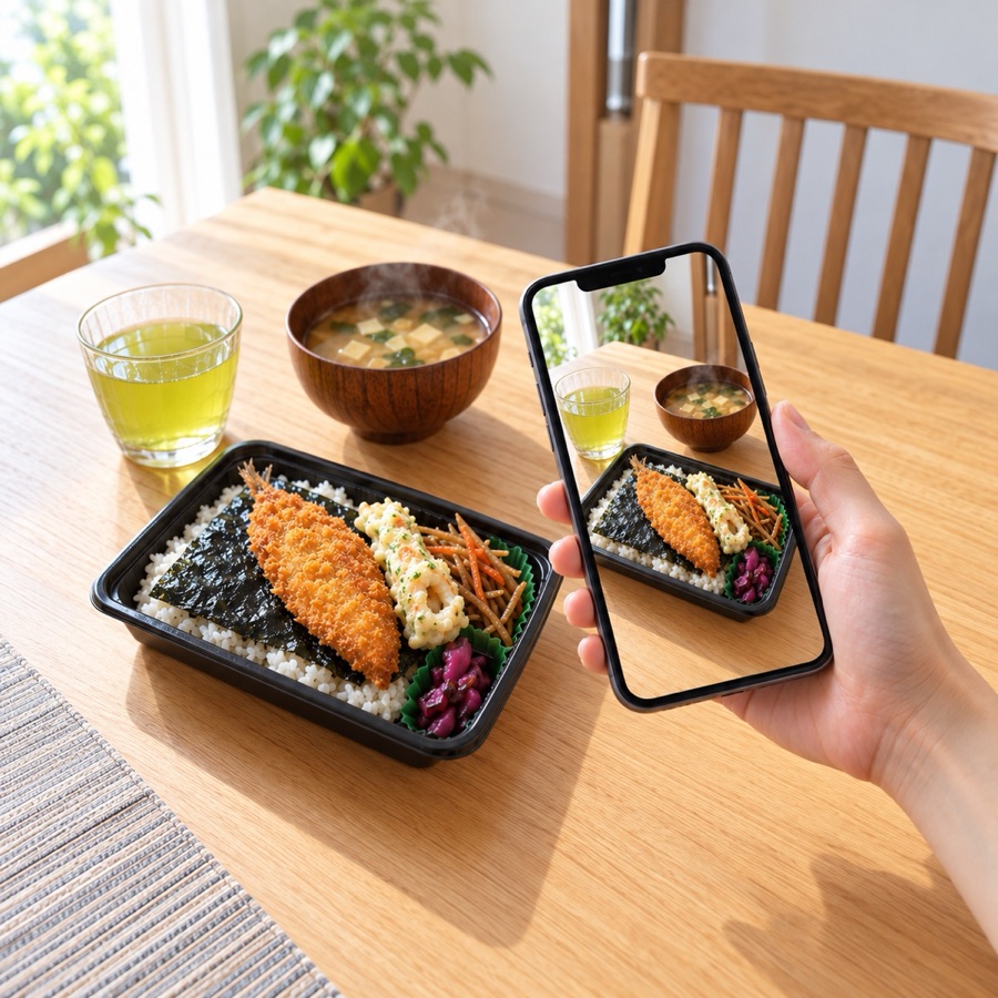 テーブルののり弁当を、スマホのカメラで撮っているところ